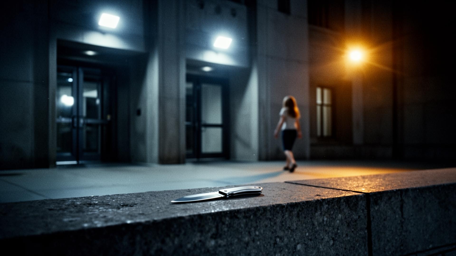 A small silver utility blade rests on a concrete ledge outside a federal building at night.